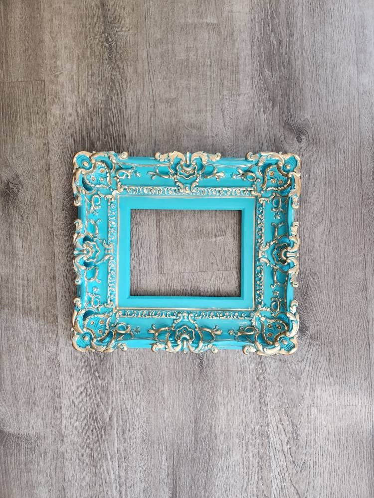 8.5x11 Turquoise Frame, Shabby Picture Frame, Cottage Photo Frame, Fancy French Frame